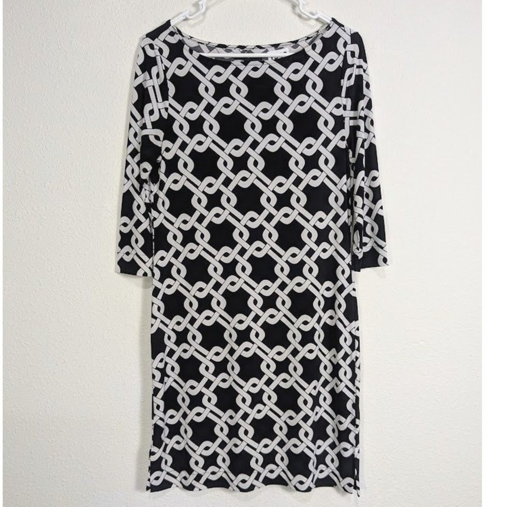 Banana Republic Dress XS Black White Geometric Chain Link 3/4 Sleeve Sheath